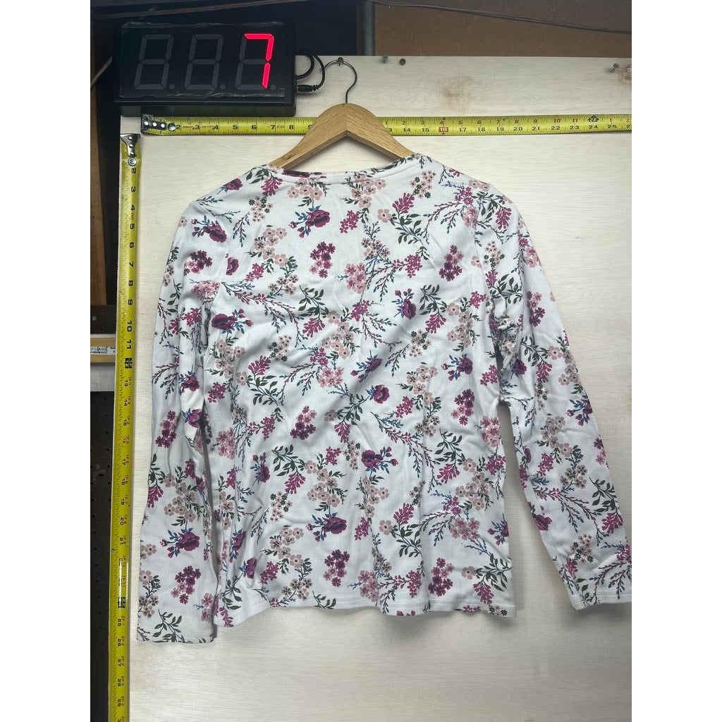 Basic Editions Womens M White Floral Long Sleeve V Neck T Shirt
