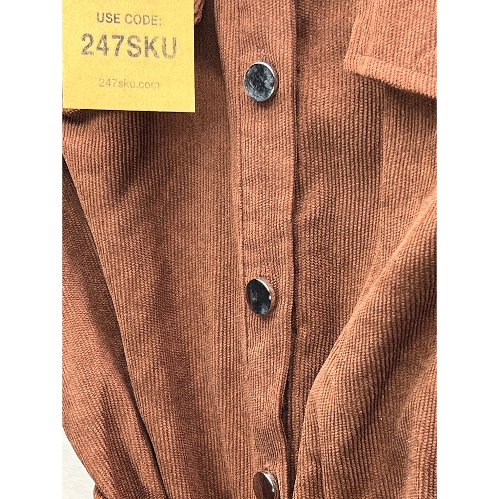 Women Rust Brown Corduroy Style Belted Button Front Shirt Dress