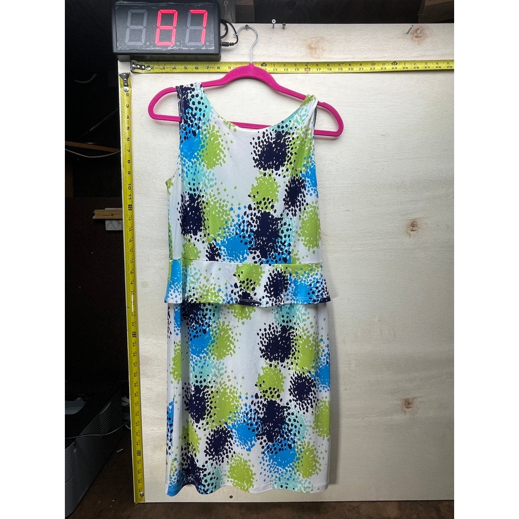 Women’s Sleeveless White Blue Green Abstract Print Peplum Dress