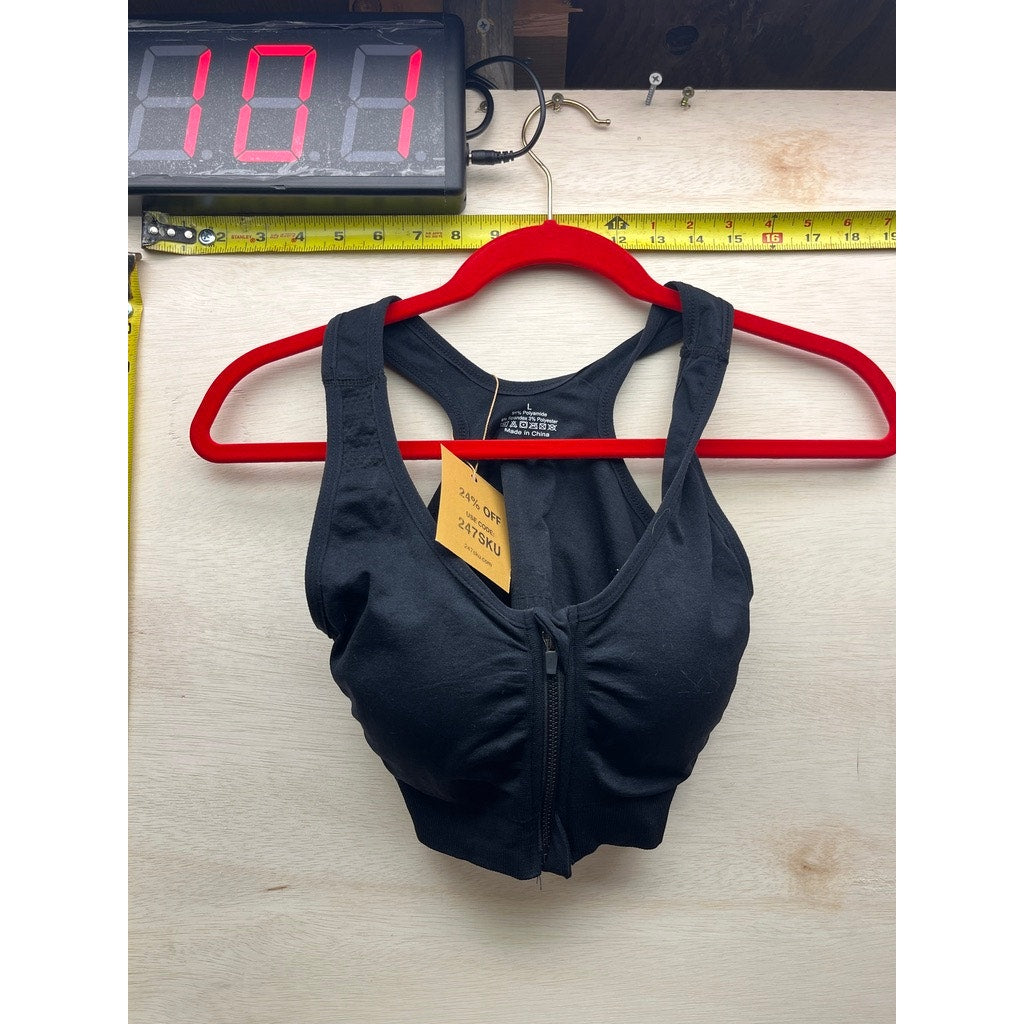 Womens Black Zip Front Racerback Sports Bra Size L
