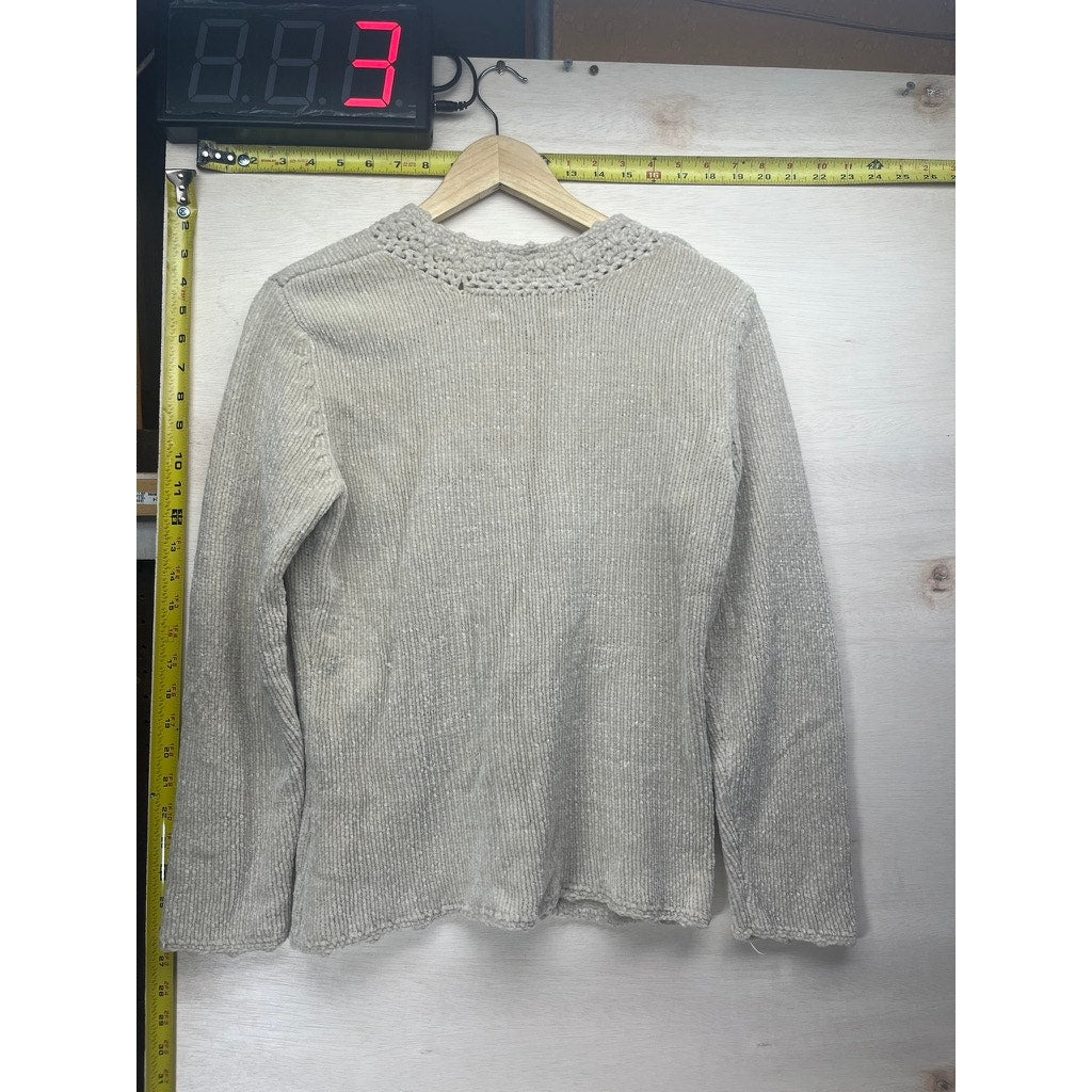 Carolyn Taylor Essentials Womens S Beige Crochet V Neck Pullover Sweater