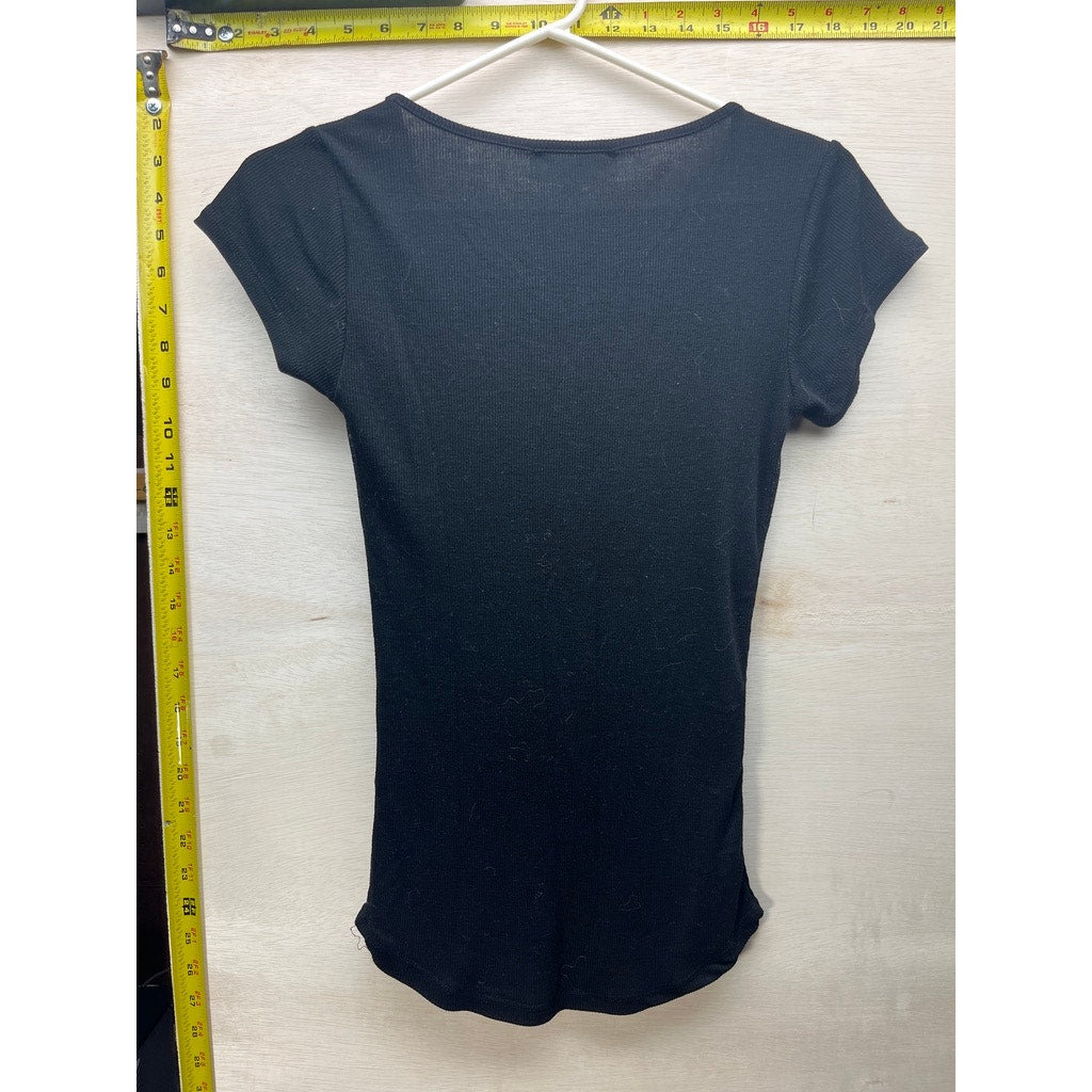 Derek Heart Womens Black V-Neck Short Sleeve Ribbed Top Size M