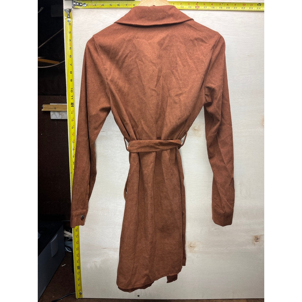 Women Rust Brown Corduroy Style Belted Button Front Shirt Dress