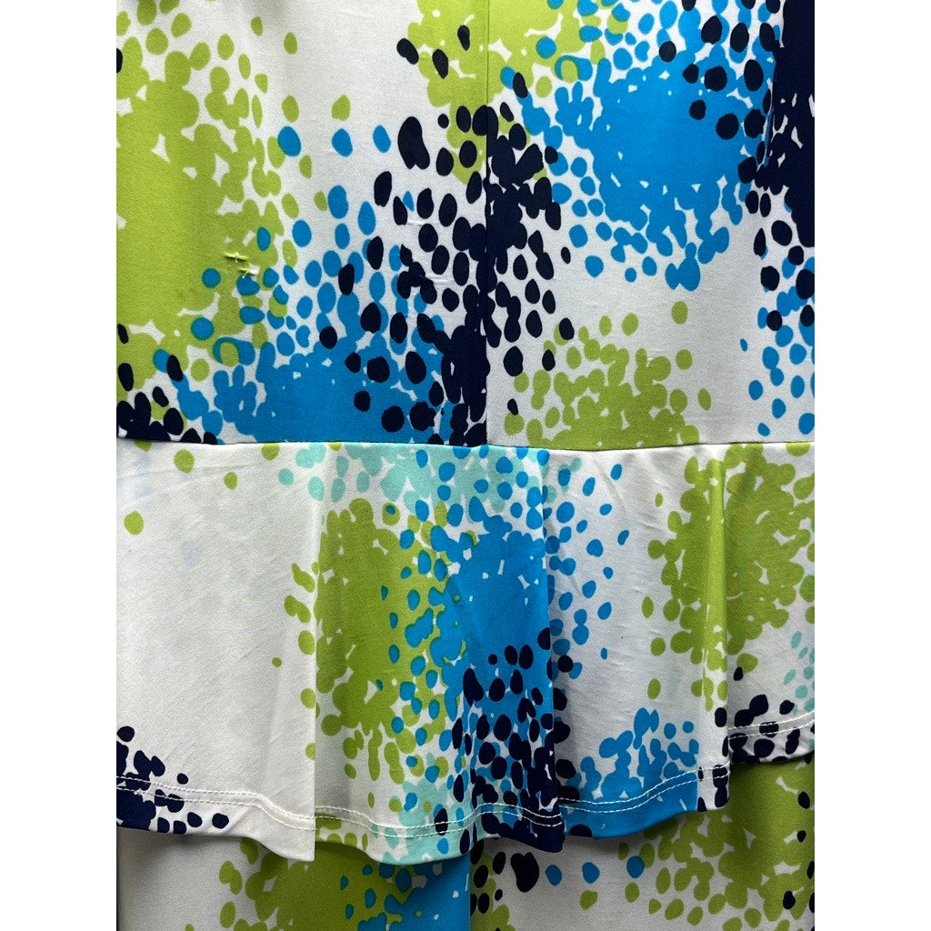 Women’s Sleeveless White Blue Green Abstract Print Peplum Dress