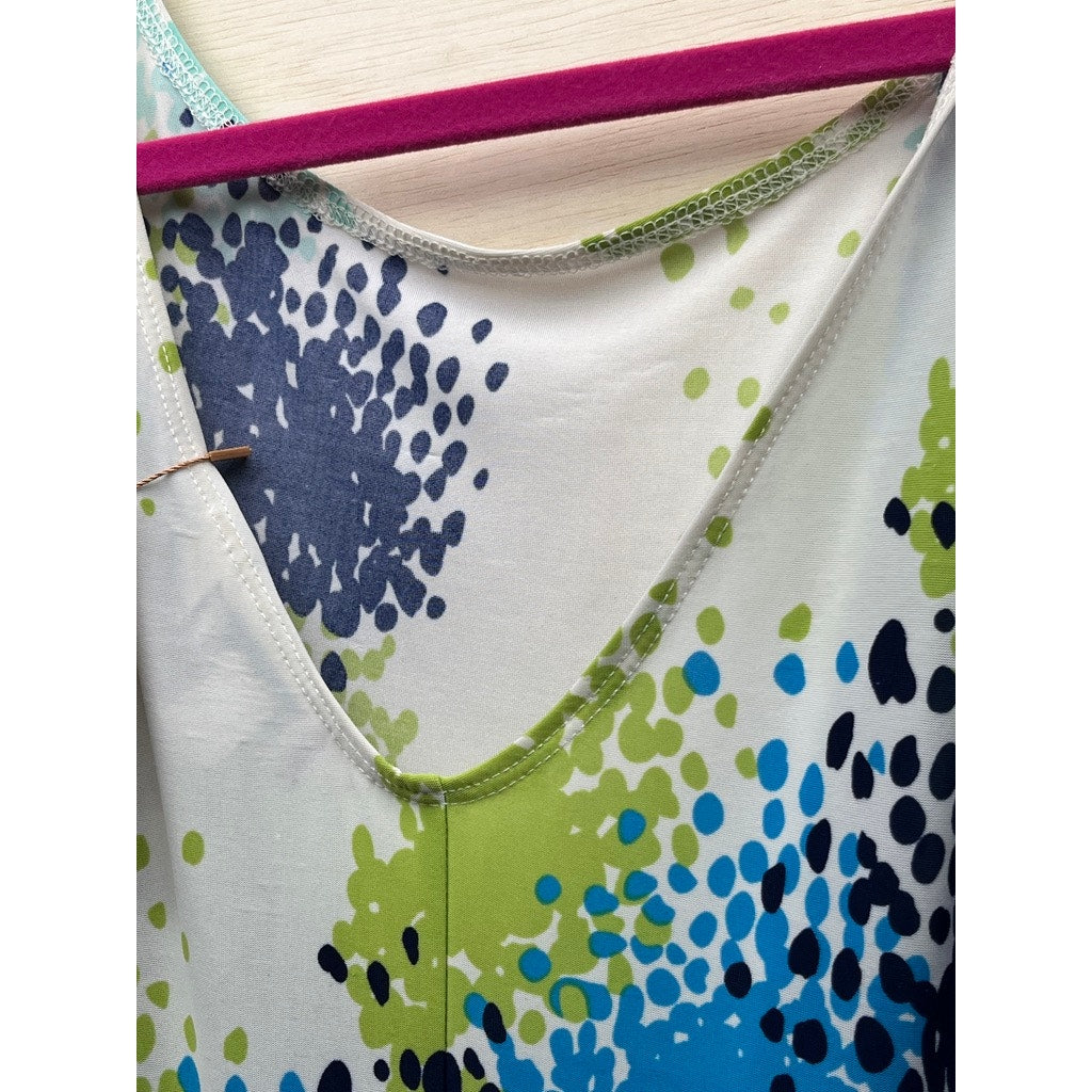 Women’s Sleeveless White Blue Green Abstract Print Peplum Dress