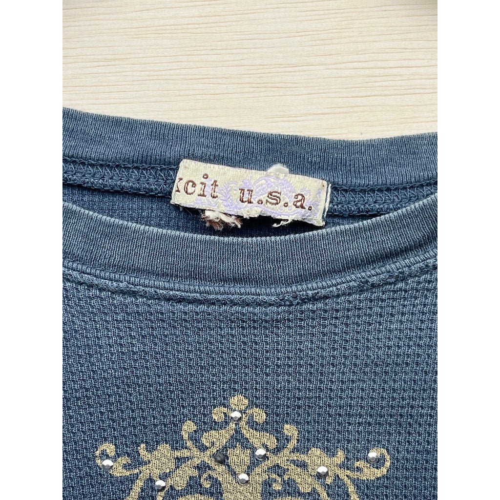 Xoit USA Womens Blue Thermal Long Sleeve Embellished Cross Shirt Size M