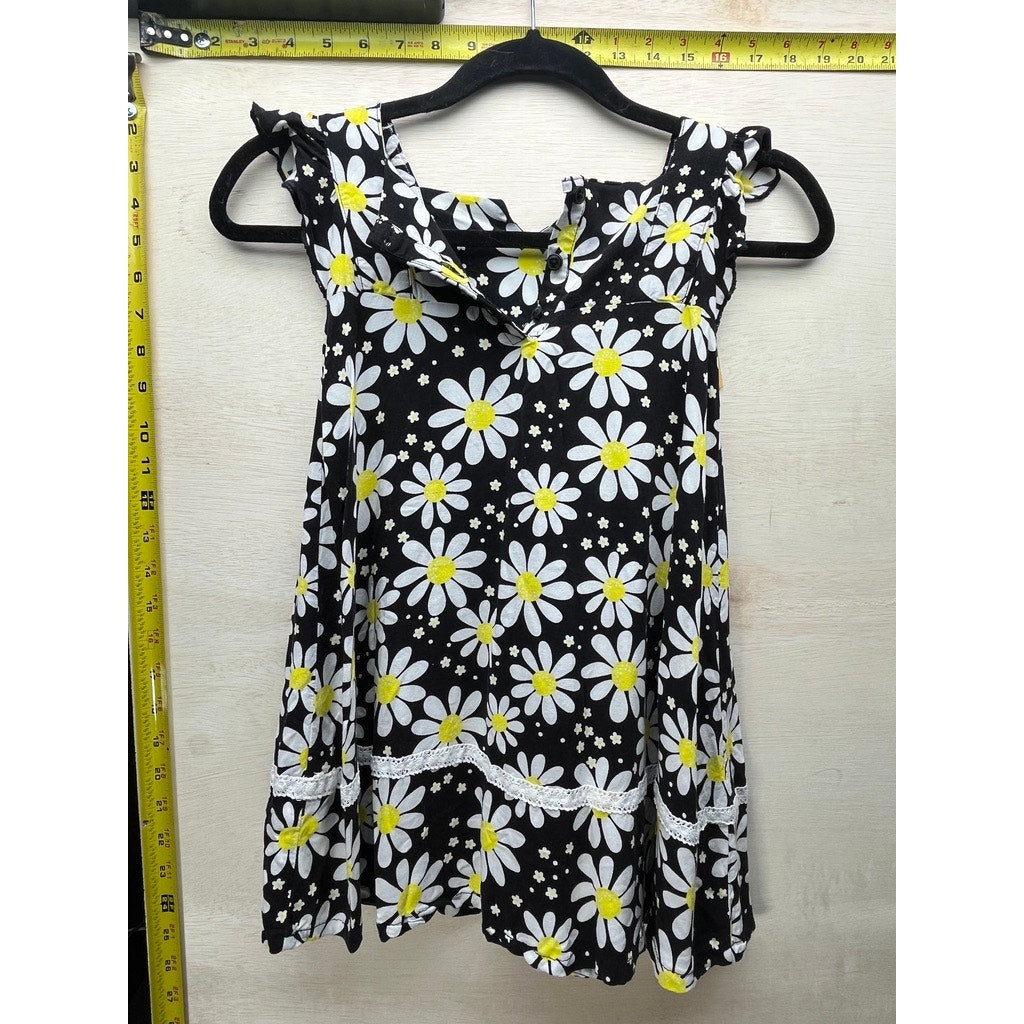 Girls Black Daisy Floral Sleeveless Sundress Lace Trim Ruffle Dress