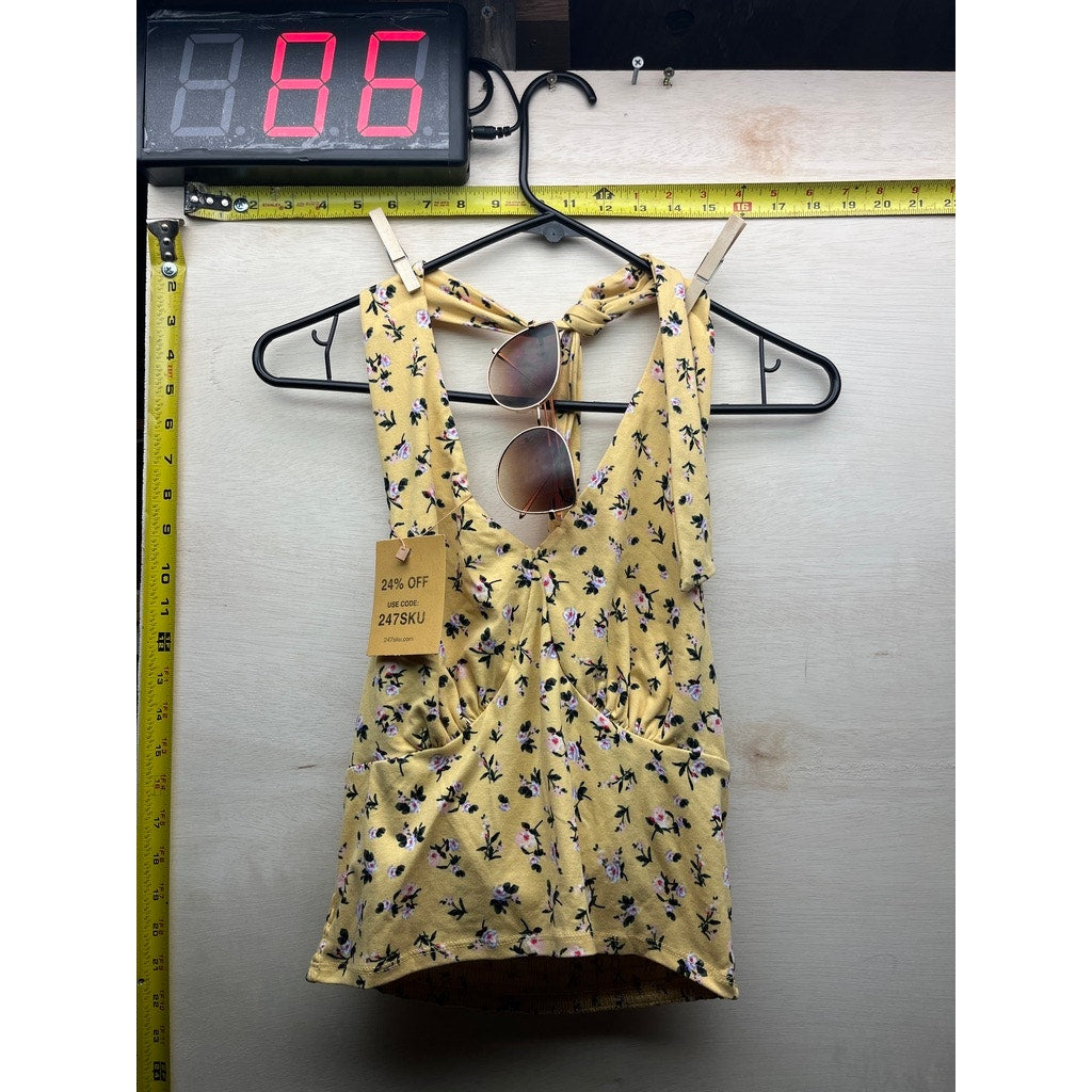 No Boundaries Yellow Floral Halter Top Size S w Sunglasses