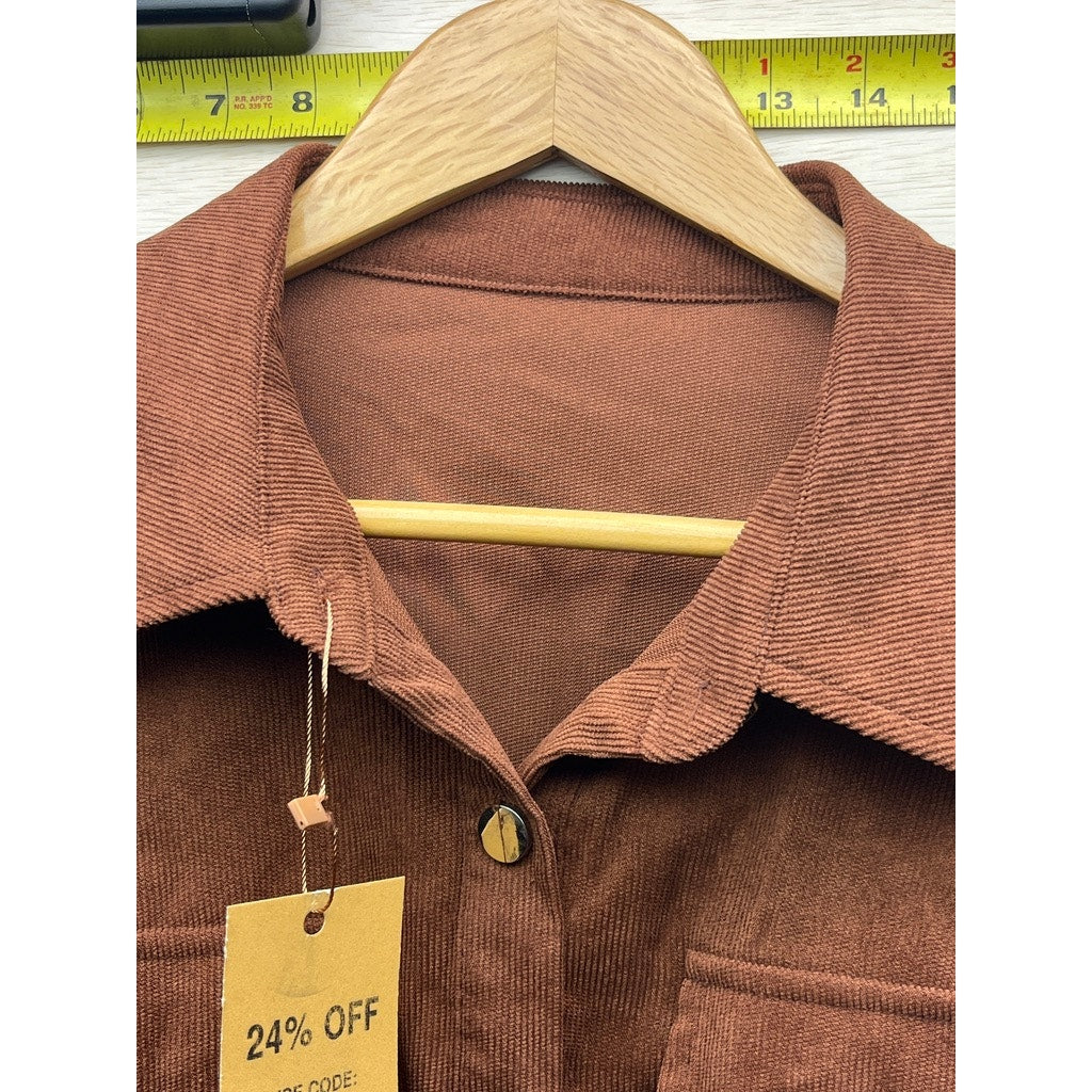 Women Rust Brown Corduroy Style Belted Button Front Shirt Dress