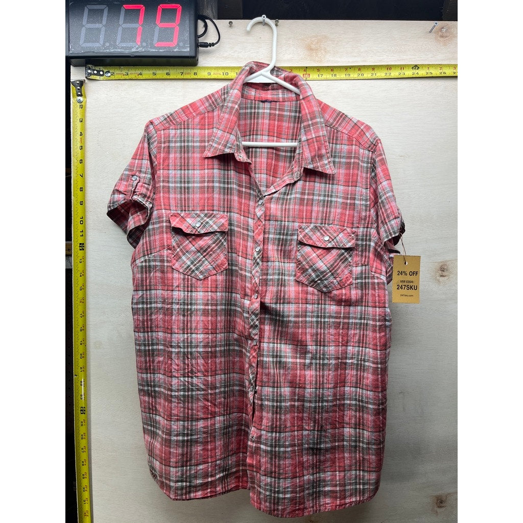 Red Plaid Short Sleeve Button Up Shirt Snap Front Western Style