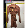 Women Rust Brown Corduroy Style Belted Button Front Shirt Dress