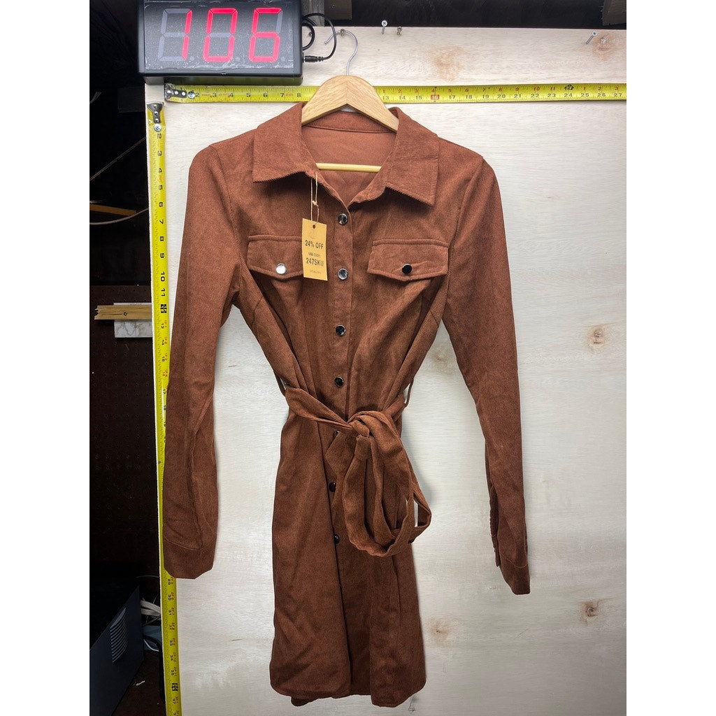 Women Rust Brown Corduroy Style Belted Button Front Shirt Dress