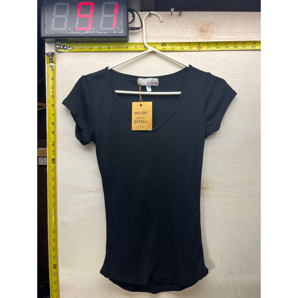 Derek Heart Womens Black V-Neck Short Sleeve Ribbed Top Size M