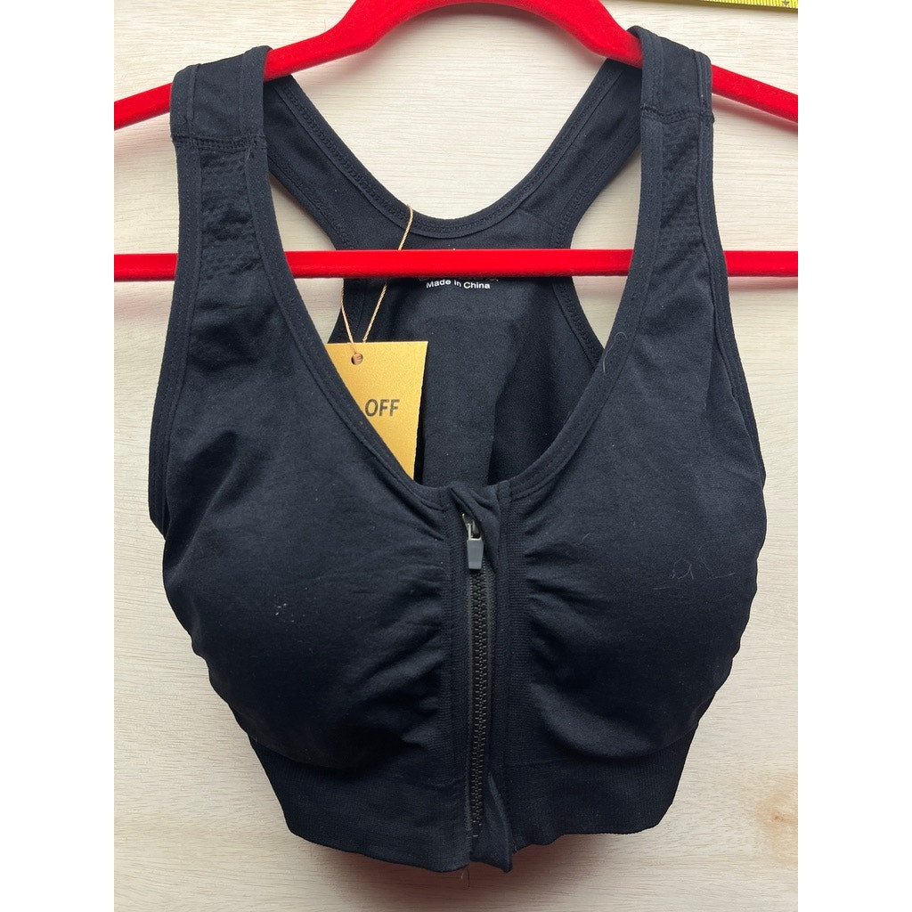 Womens Black Zip Front Racerback Sports Bra Size L