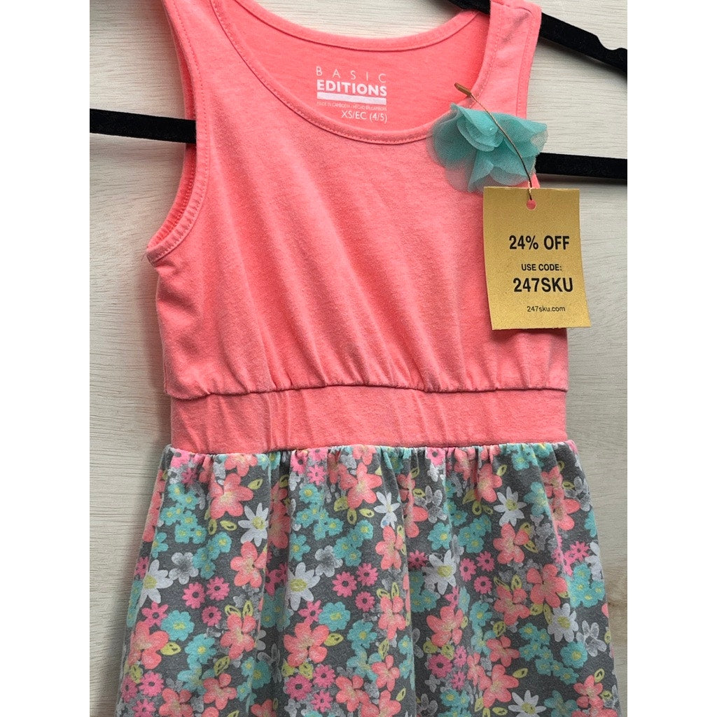 Basic Editions Girls Coral Floral Sleeveless Dress Size XS 4/5