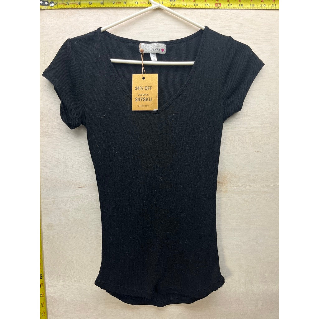 Derek Heart Womens Black V-Neck Short Sleeve Ribbed Top Size M