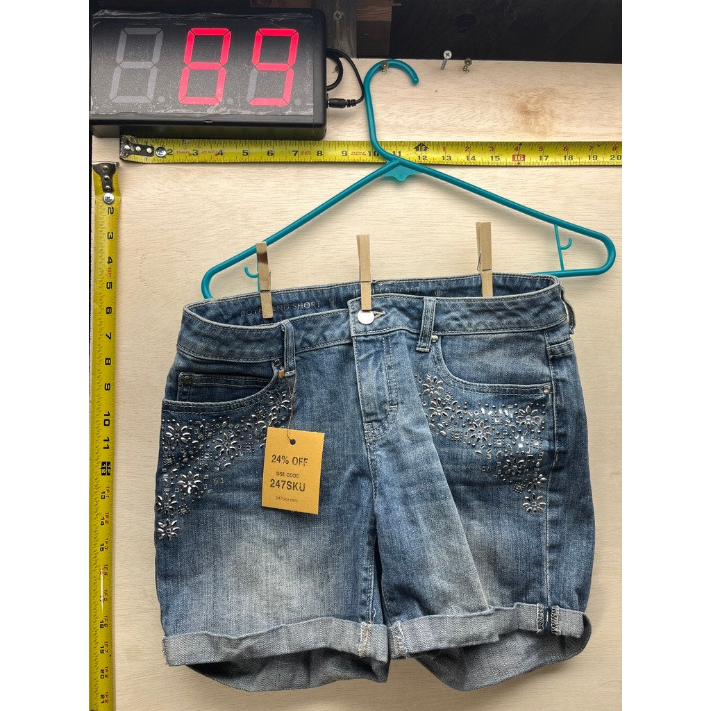 Jennifer Lopez Boyfriend Denim Shorts Rhinestone Embellished Cuffed