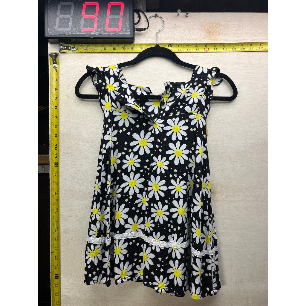 Girls Black Daisy Floral Sleeveless Sundress Lace Trim Ruffle Dress