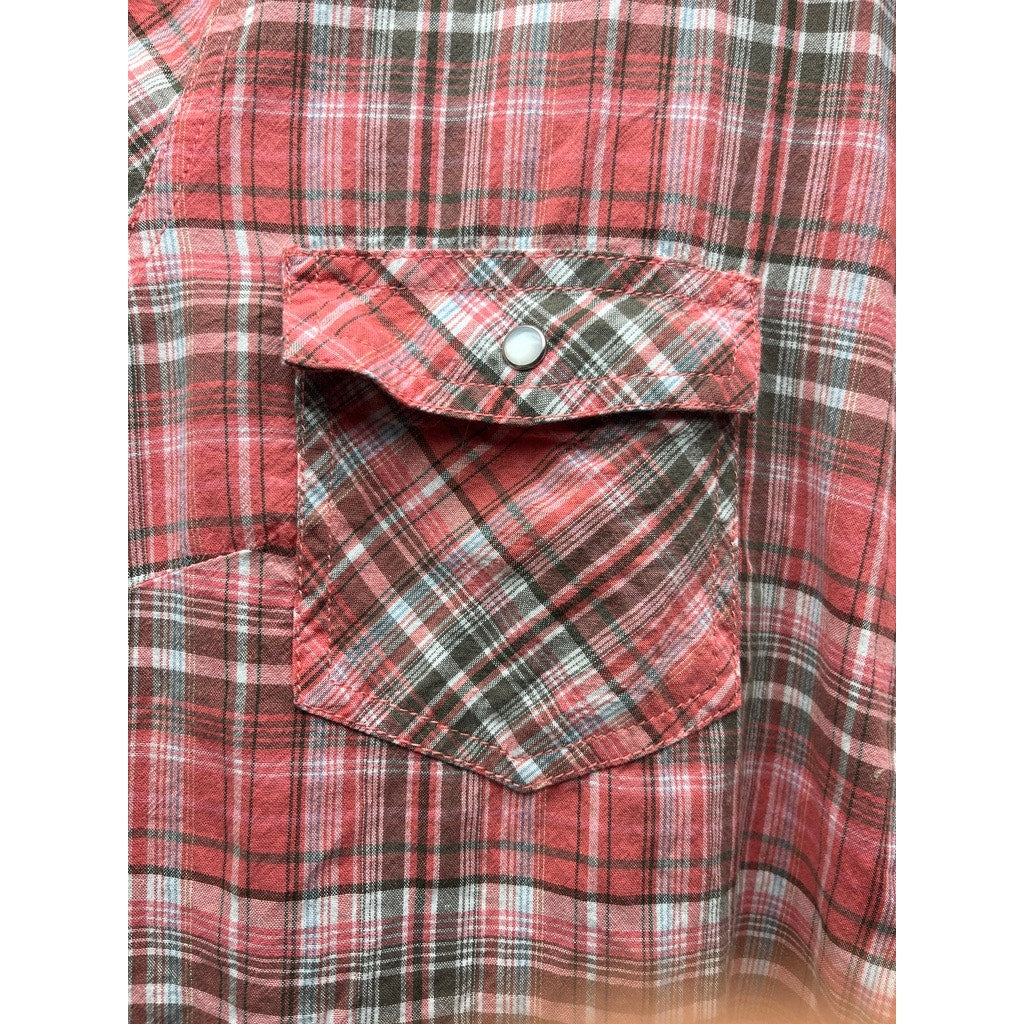 Red Plaid Short Sleeve Button Up Shirt Snap Front Western Style