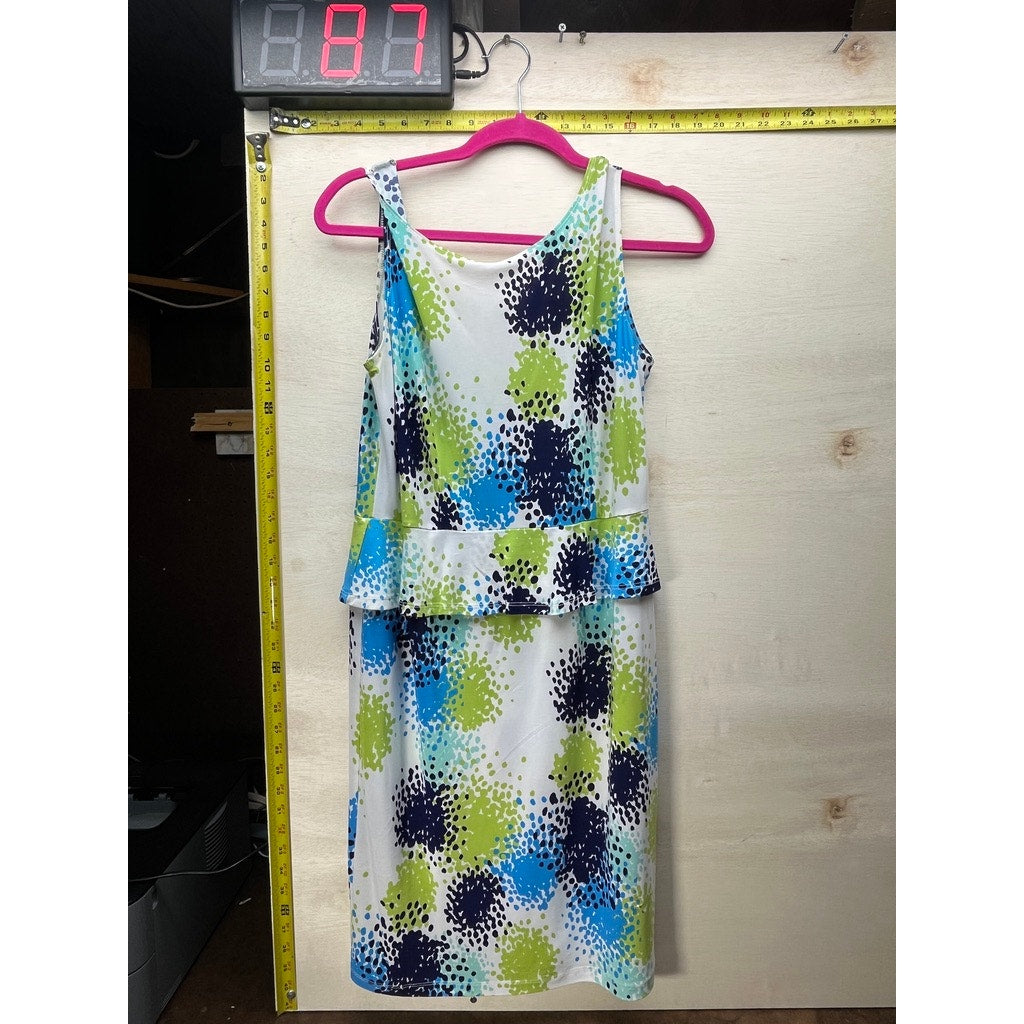 Women’s Sleeveless White Blue Green Abstract Print Peplum Dress