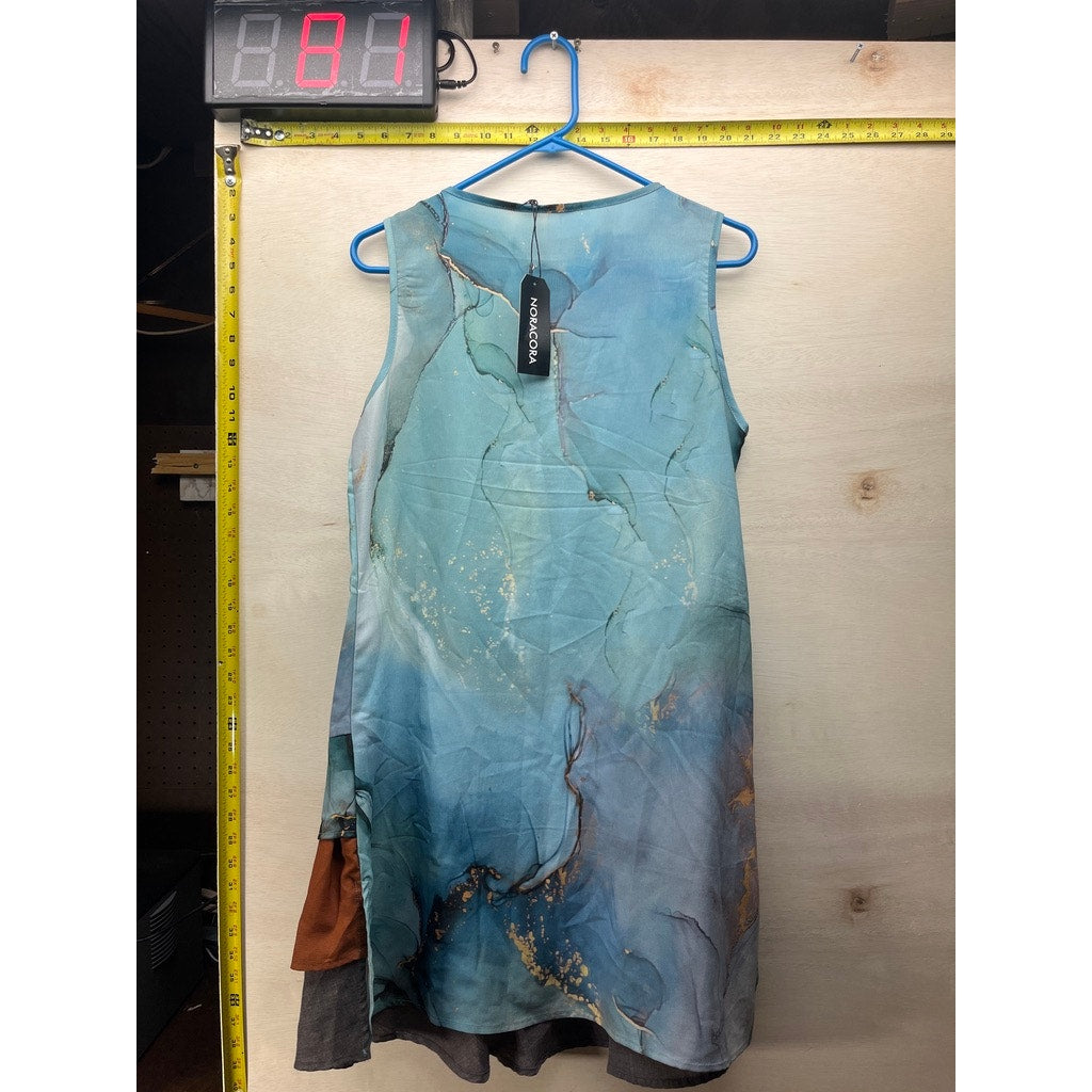 Noracora Womens S Sleeveless Blue Abstract Ruffle Hem Dress