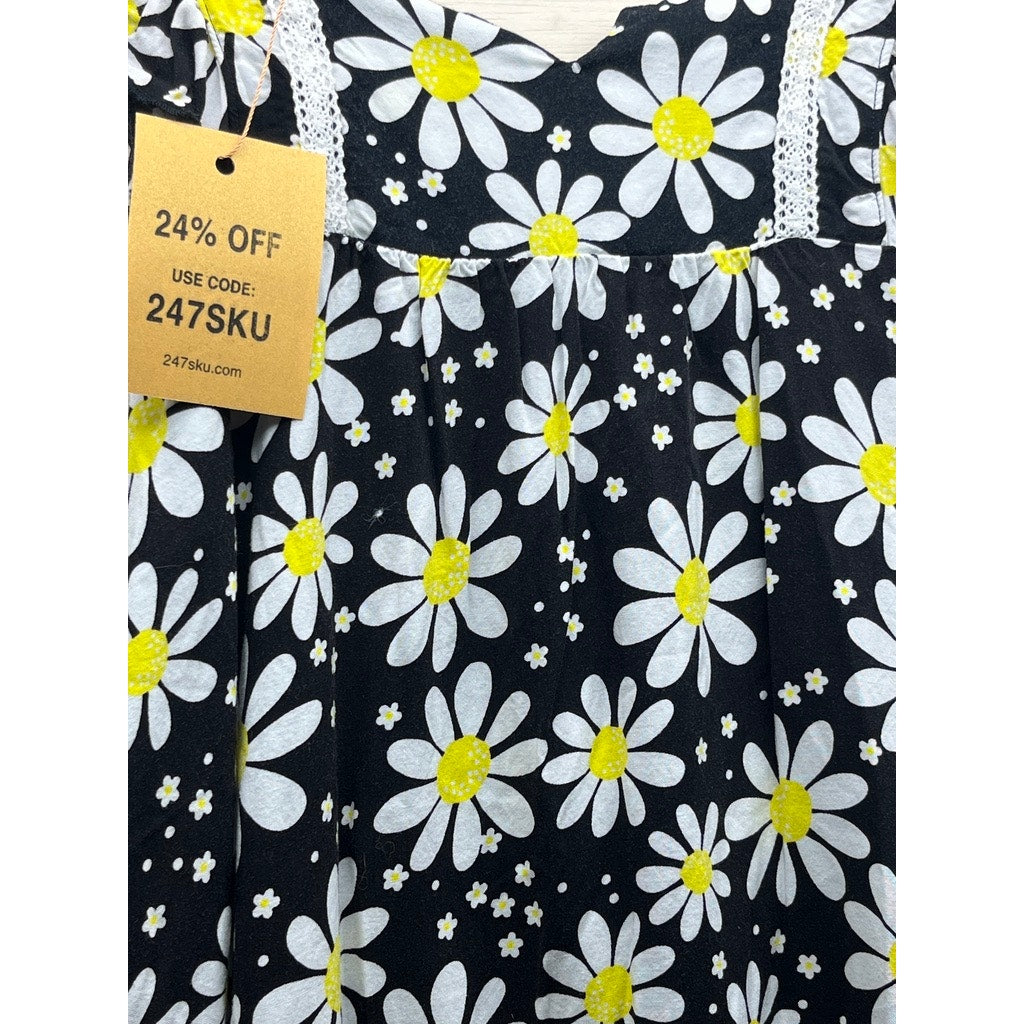 Girls Black Daisy Floral Sleeveless Sundress Lace Trim Ruffle Dress
