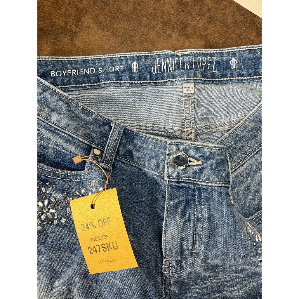 Jennifer Lopez Boyfriend Denim Shorts Rhinestone Embellished Cuffed