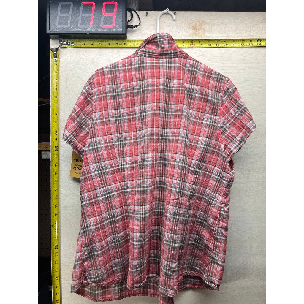 Red Plaid Short Sleeve Button Up Shirt Snap Front Western Style