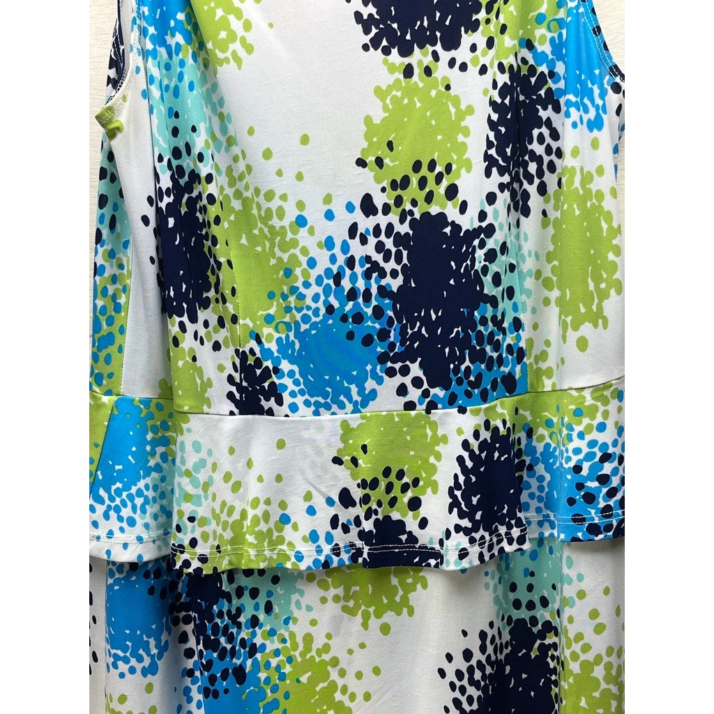 Women’s Sleeveless White Blue Green Abstract Print Peplum Dress