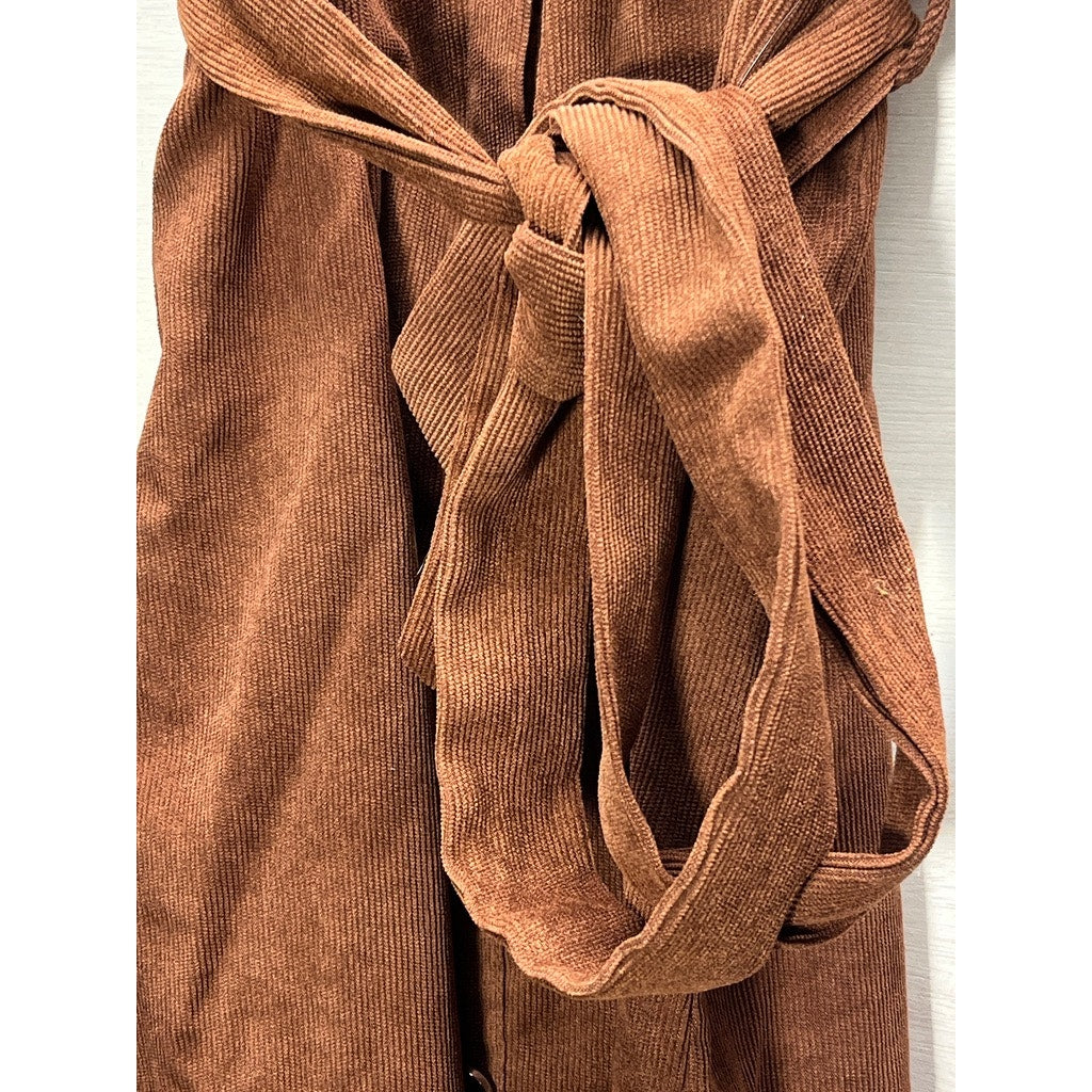 Women Rust Brown Corduroy Style Belted Button Front Shirt Dress