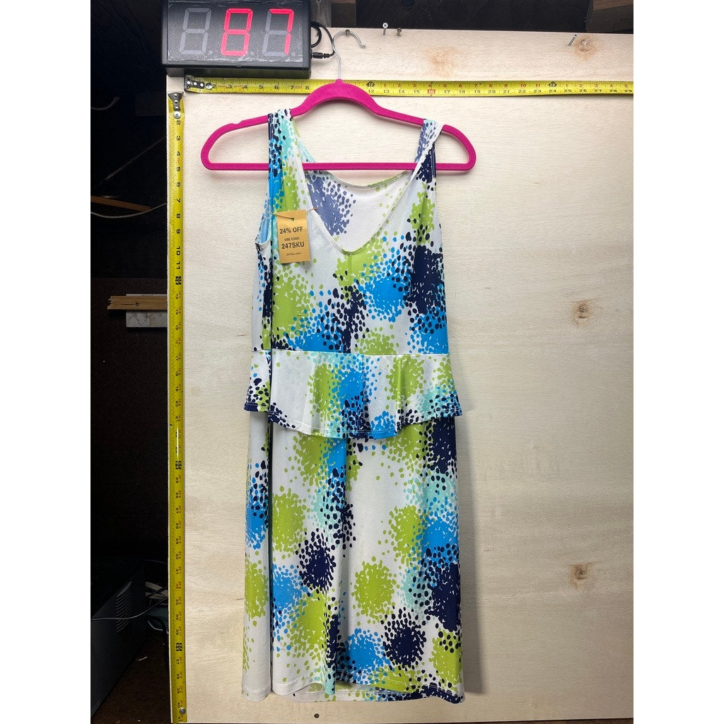 Women’s Sleeveless White Blue Green Abstract Print Peplum Dress